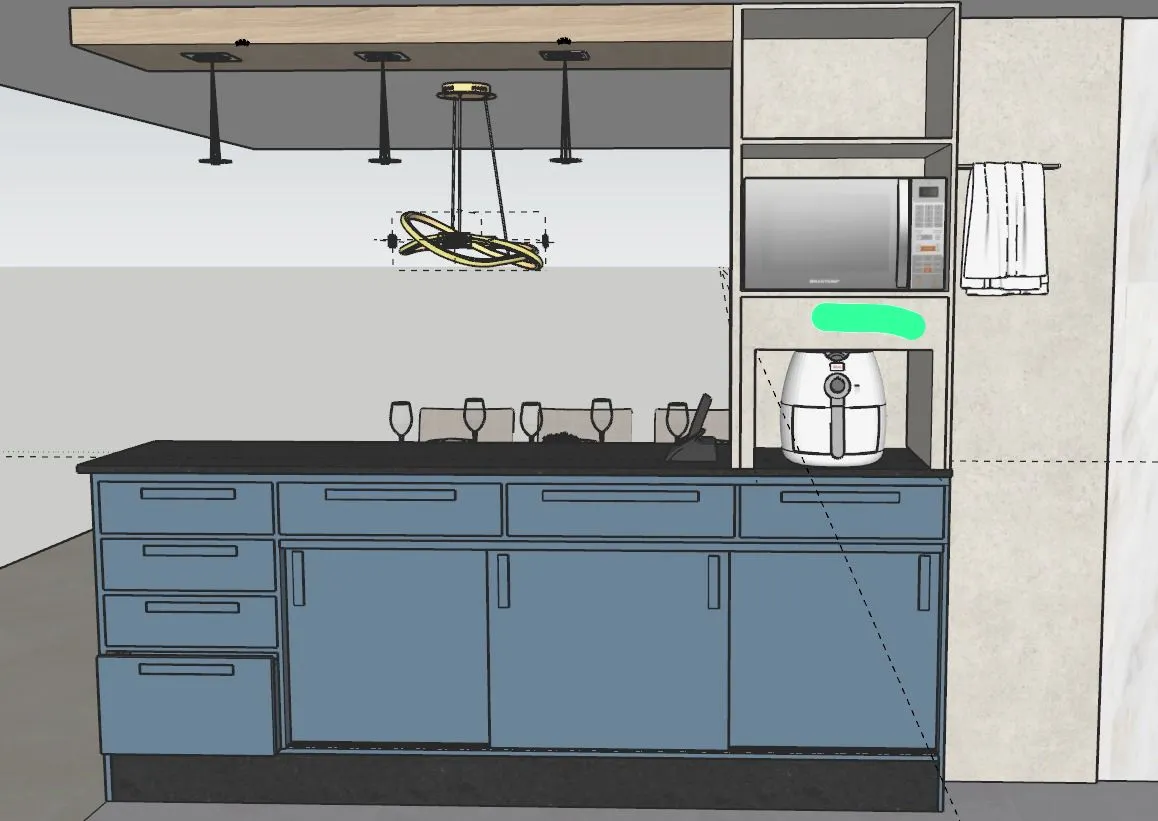 Render 3D da área de apoio destacando os armários inferiores em tom azul moderno.